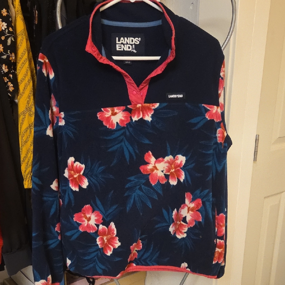 Lands' End Floral Zip-Up Sweater - Navy and Pink
